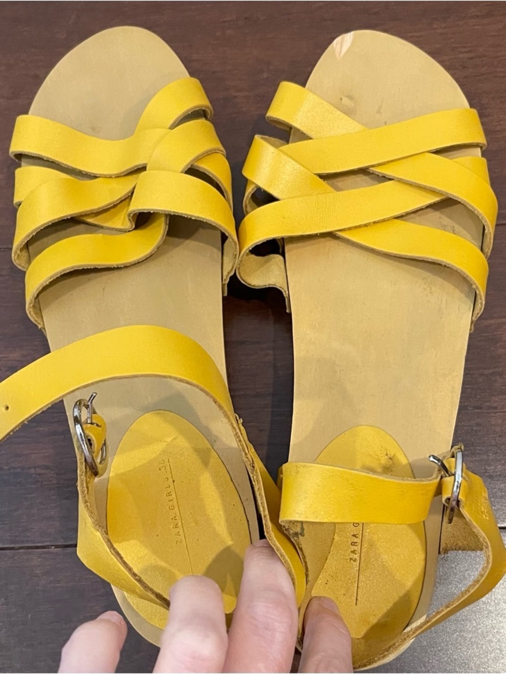 zara girls 38 yellow wooden sandals with buckle☀️